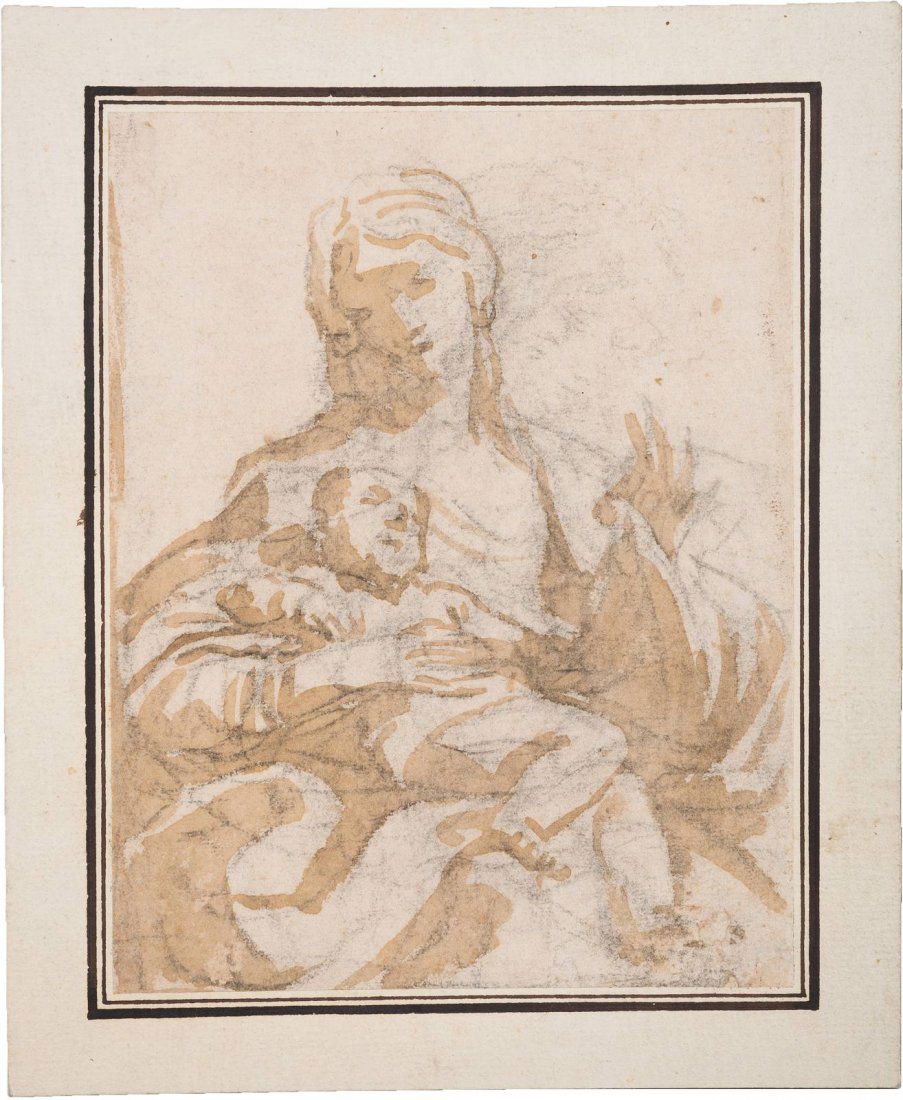 ELISABETTA SIRANI 1638 Bologna - 1664 ebenda: ELISABETTA SIRANI 1638 Bologna - 1664 ebenda (Circle/Schule) Maria mit dem Christusknaben Braune Tusche über Kohle auf Bütten (?) auf Papier montiert. 19,6 cm x 14,7 cm. Bezeichnet in Bleistift: 'St
