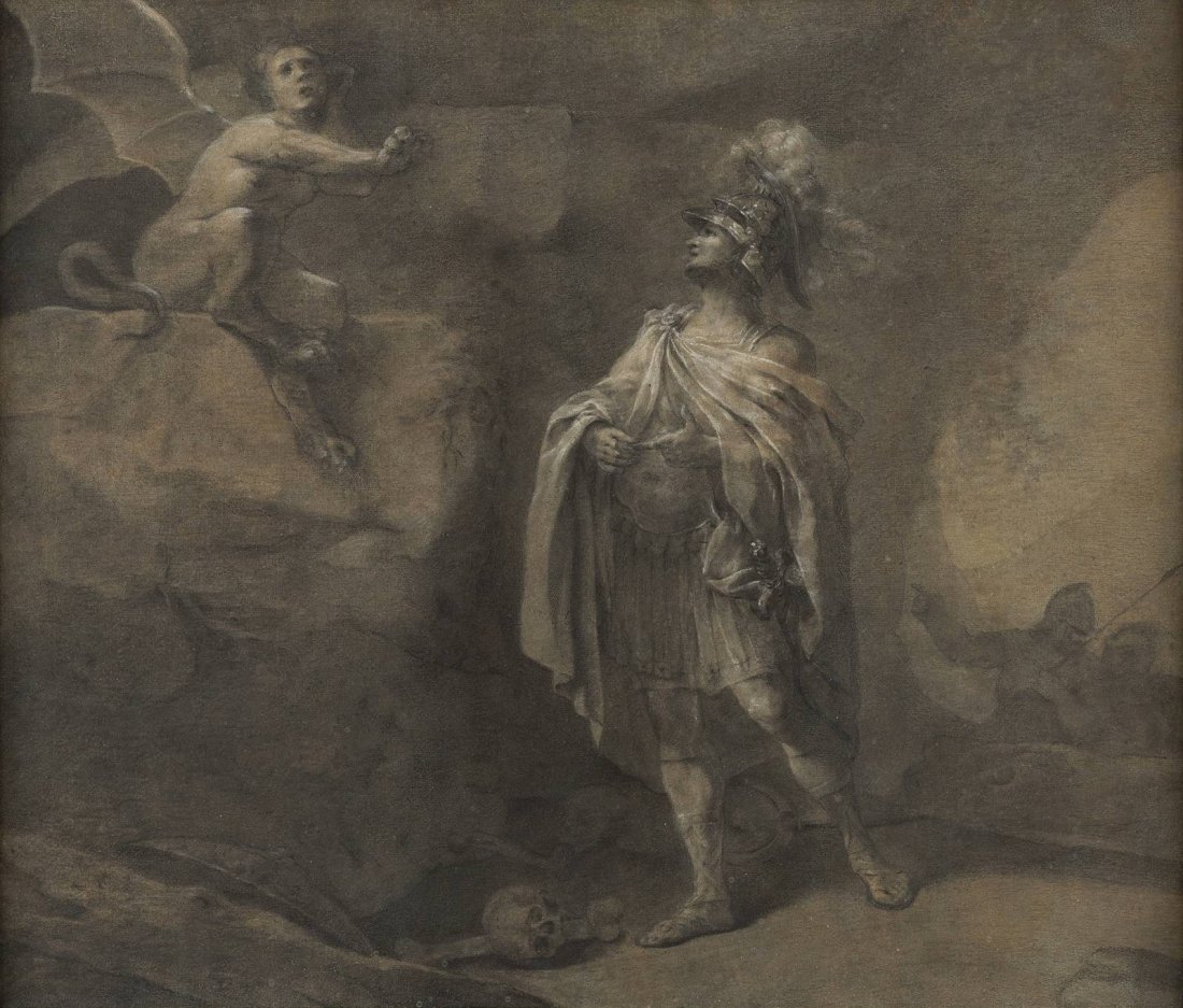 DONATO CRETI (ATTR.) ('DONATINO') 1671 Cremona - 1749: DONATO CRETI (ATTR.) ('DONATINO') 1671 Cremona - 1749 Bologna Aeneas und die Harpyie Schwarzer Stift, weiß gehöht auf Papier, kaschiert und auf Gewebe. 57 x 65 cm. Rahmen. Professor Andrea Emiliani