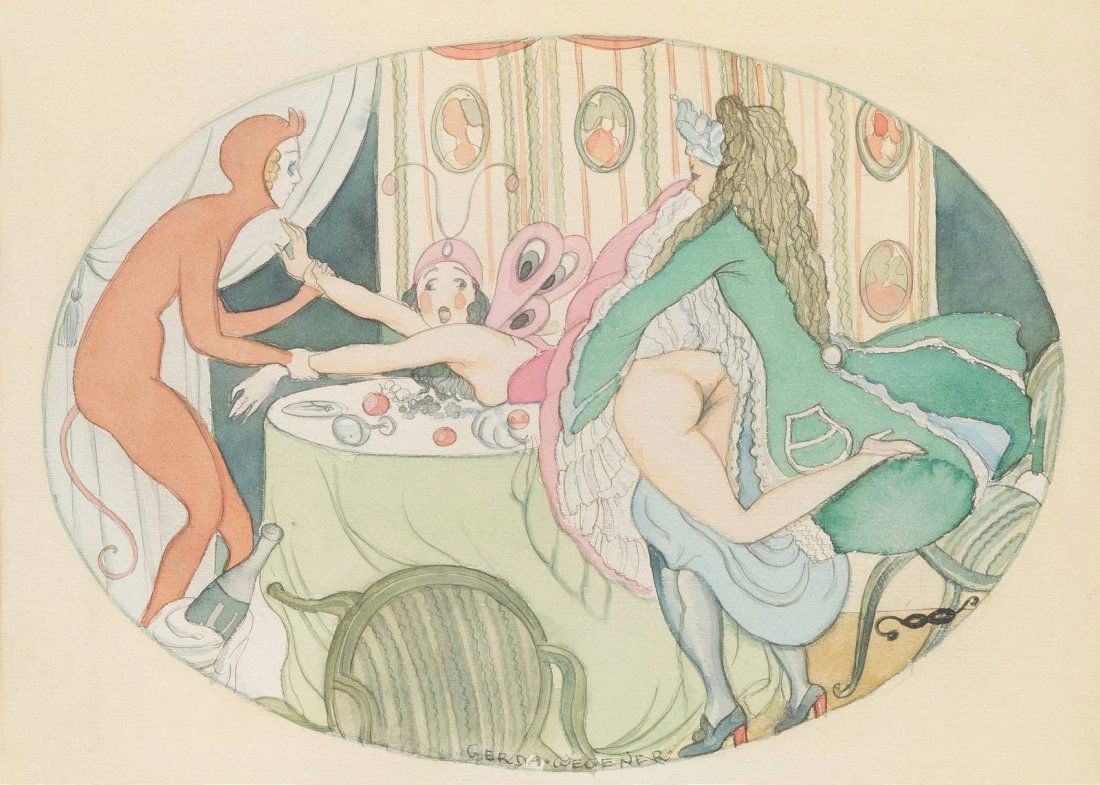 GERDA WEGENER 1885 Hammelev (Grenaa) - 1940: GERDA WEGENER 1885 Hammelev (Grenaa) - 1940 Frederiksberg Erotische Szene - Der gefangene Schmetterling Aquarell auf Papier. 24,5 x 33,5 cm im Oval. Signiert unten mittig 'Gerda Wegener'. Im Passepart