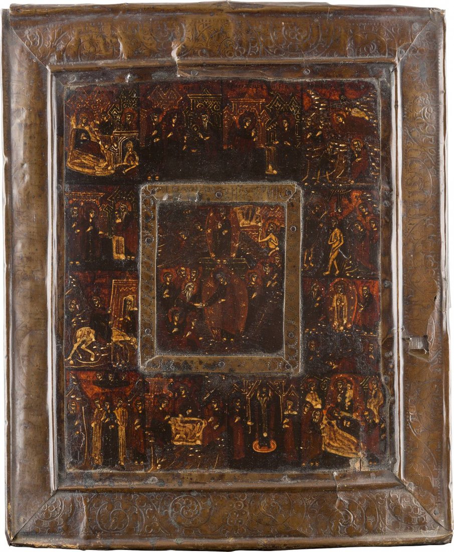 AN ICON SHOWING THE ANASTASIS AND THE FESTIVAL CYCLE: AN ICON SHOWING THE ANASTASIS AND THE FESTIVAL CYCLE WITH BASMA Russian, 18th/19th century Tempera on wood panel with kovcheg. Overlaid with a brass basma. Basma damaged. 31.2 x 26 cm. IKONE MIT DEN H