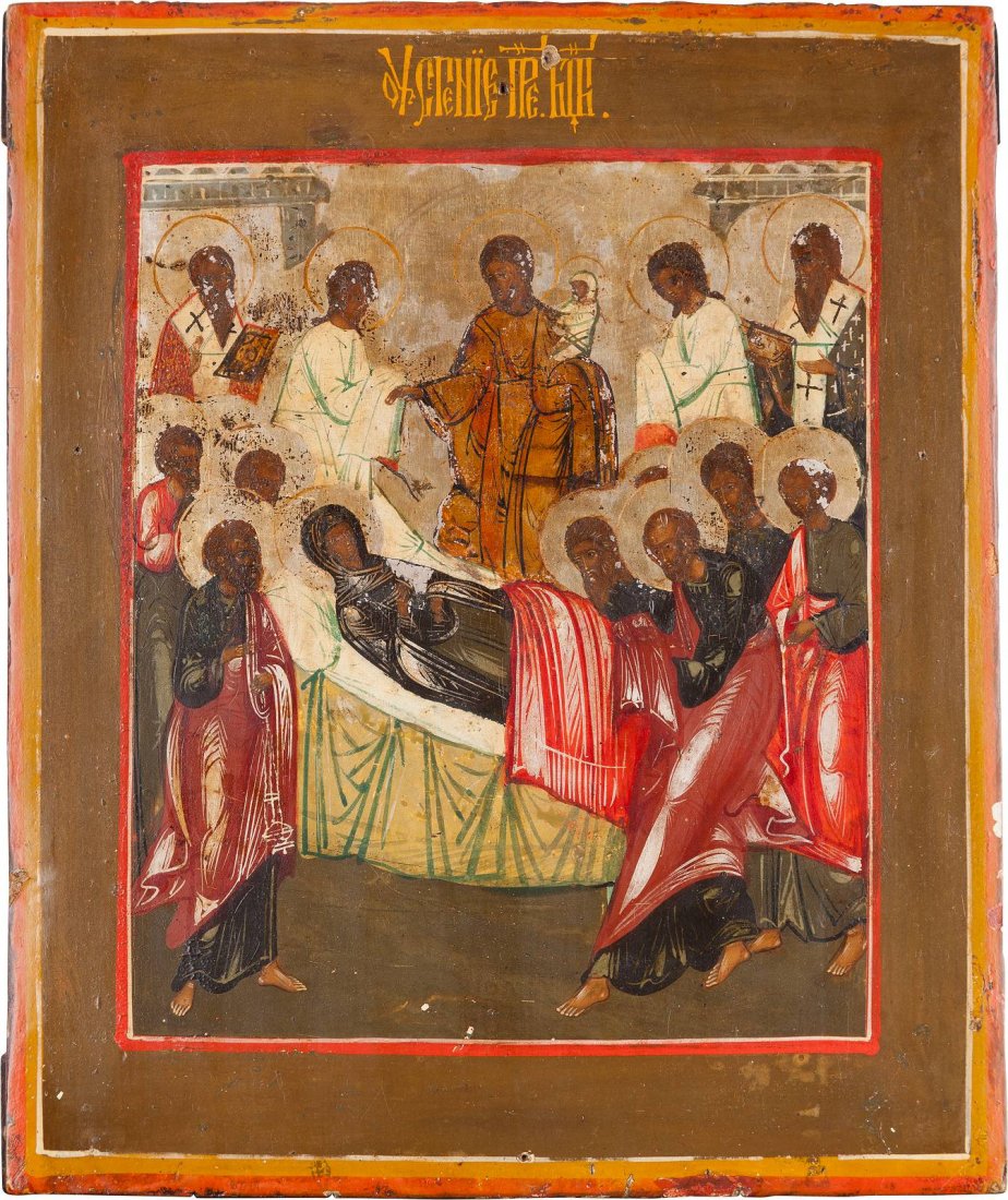 AN ICON SHOWING THE DORMITION OF THE MOTHER OF GOD: AN ICON SHOWING THE DORMITION OF THE MOTHER OF GOD Russian, 18th century Tempera on wood panel. The background made of silver, covered by a golden lacquer. Minimal losses. 34.5 x 29 cm. IKONE MIT DEM 