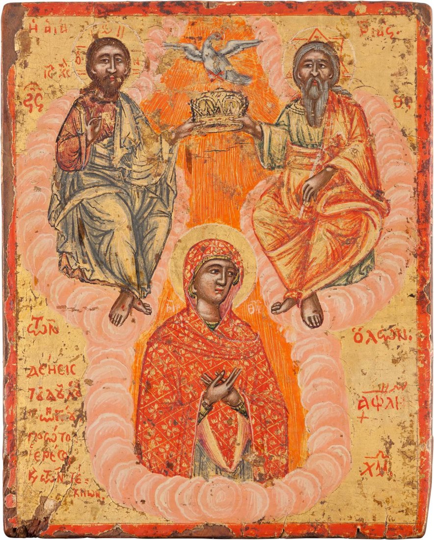 A DATED ICON SHOWING THE CORONATION OF THE MOTHER OF: A DATED ICON SHOWING THE CORONATION OF THE MOTHER OF GOD Greek, dated 1731 Tempera on wood panel with gold ground. The Mother of God appearing in clouds, Christ and God the Father above her, holding a