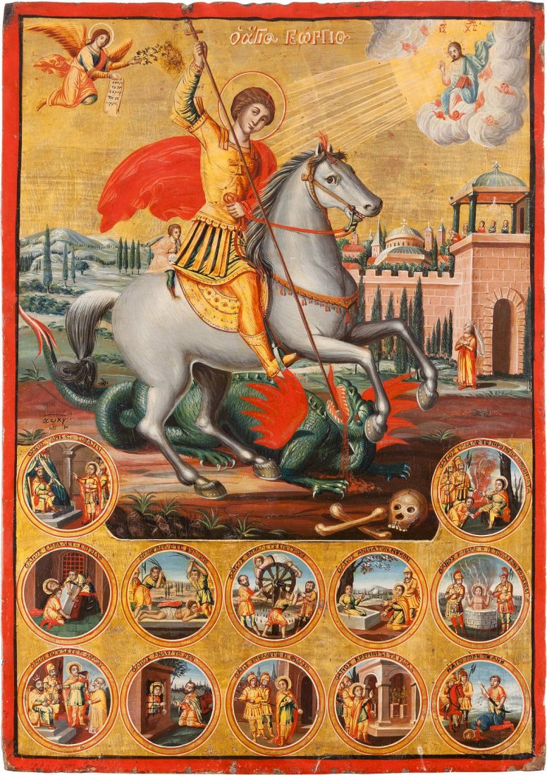 A LARGE AND RARE VITA ICON OF ST. GEORGE OF SALONIKI: A LARGE AND RARE VITA ICON OF ST. GEORGE OF SALONIKI Greek, dated 1823 Tempera on wood panel. Riding a white, rearing horse, trampling the serpent and plunging his spear through its mouth. Attired in 