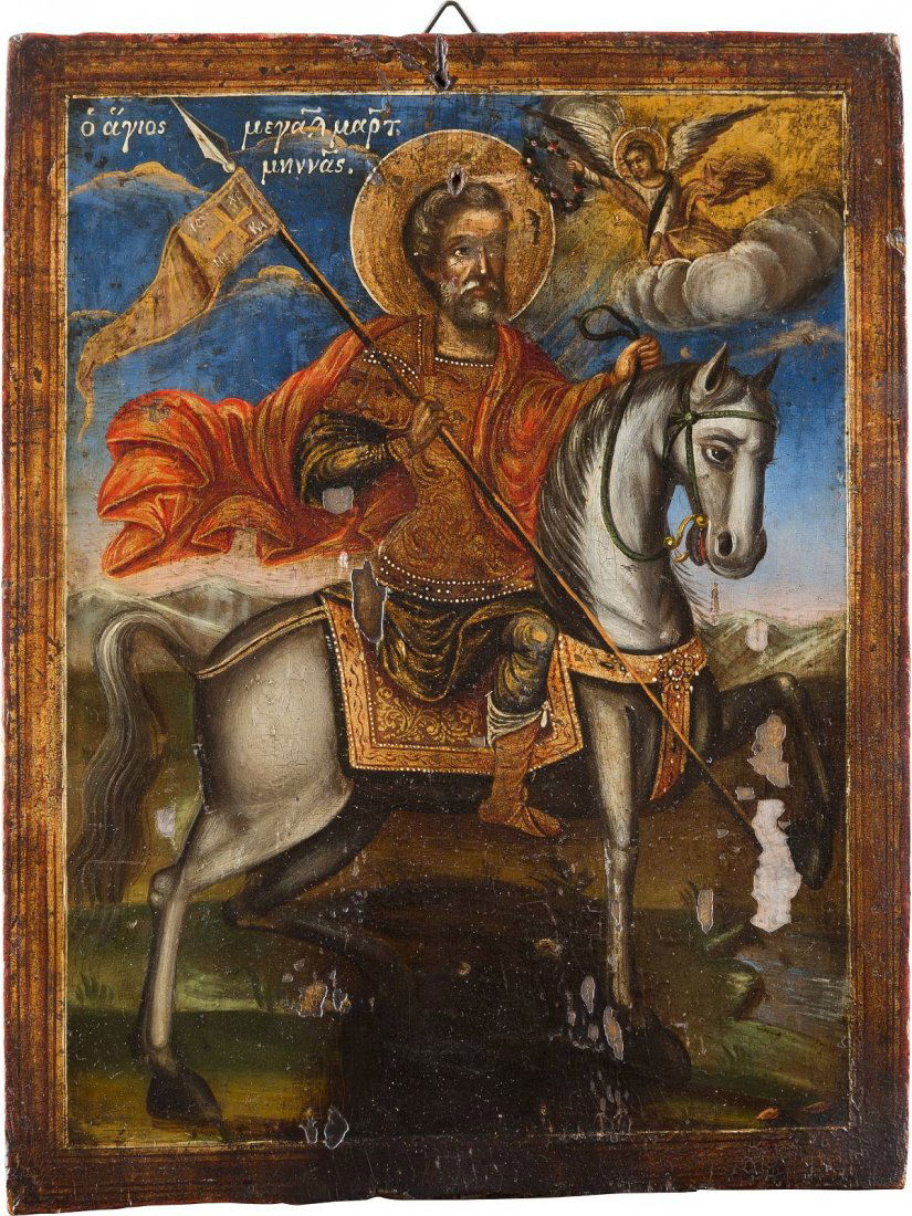A SMALL ICON SHOWING ST. MENAS Greek, 19th century Oil (1 of 1)