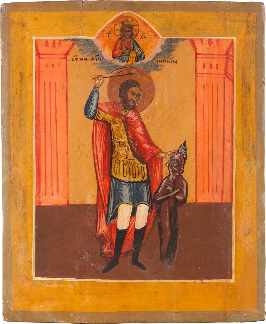 AN ICON SHOWING ST. NIKITA THE DEVIL-BEATER Russian,: AN ICON SHOWING ST. NIKITA THE DEVIL-BEATER Russian, 19th century Tempera on wood panel. Vertical cracks restored. 34.2 x 28.3 cm. IKONE MIT DEM HEILIGEN NIKITA, DER DEN TEUFEL SCHL€GT Russland, 19.