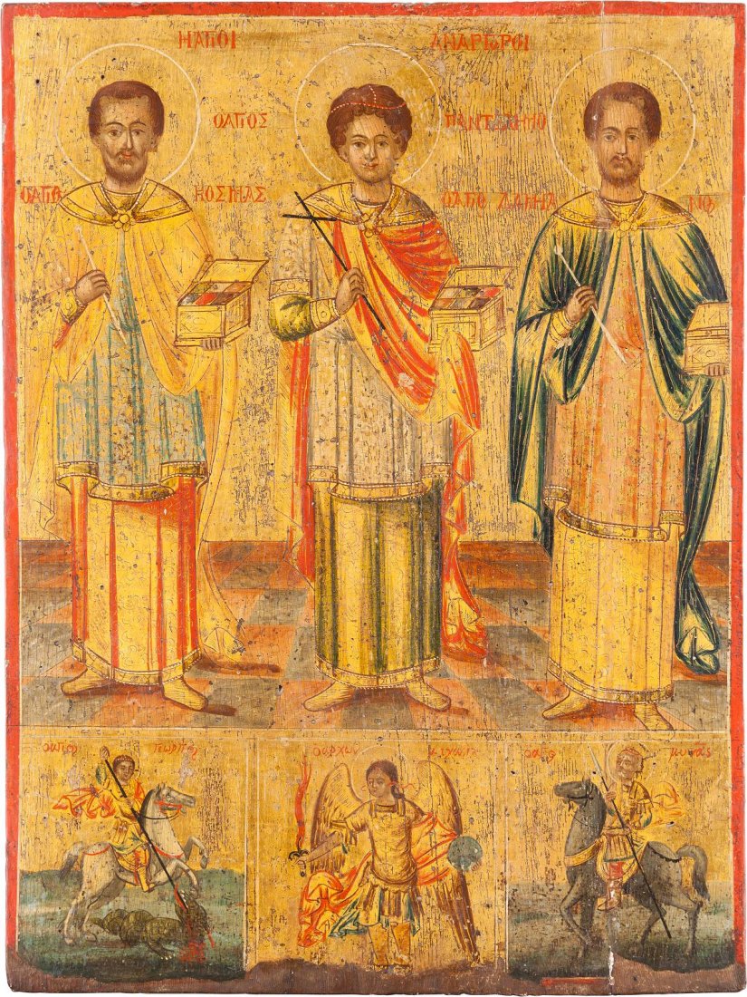 A LARGE ICON SHOWING MEDICAL PATRON SAINTS Greek, 18th (1 of 1)