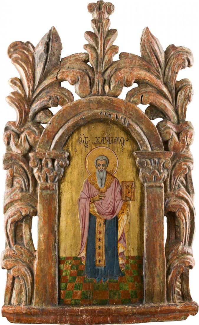AN ICON SHOWING ST. HARALAMPIOS Greek, 18th century: AN ICON SHOWING ST. HARALAMPIOS Greek, 18th century Tempera on wood, carved and gilded. Executed on a gold ground. Minimal vertical cracks restored. 52.5 x 31.8 cm. IKONE MIT DEM HEILIGEN CHARALAMPOS 