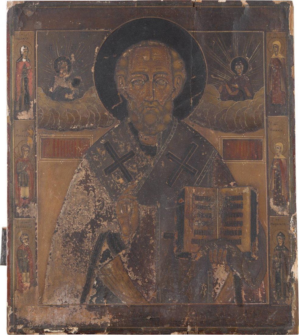 AN ICON SHOWING ST. NICHOLAS OF MYRA Russian, 19th: AN ICON SHOWING ST. NICHOLAS OF MYRA Russian, 19th century Tempera on wood panel. Six selected saints on the borders. Paint blisterings, losses, wearings. 44.6 x 39 cm. IKONE MIT DEM HEILIGEN NIKOLAUS
