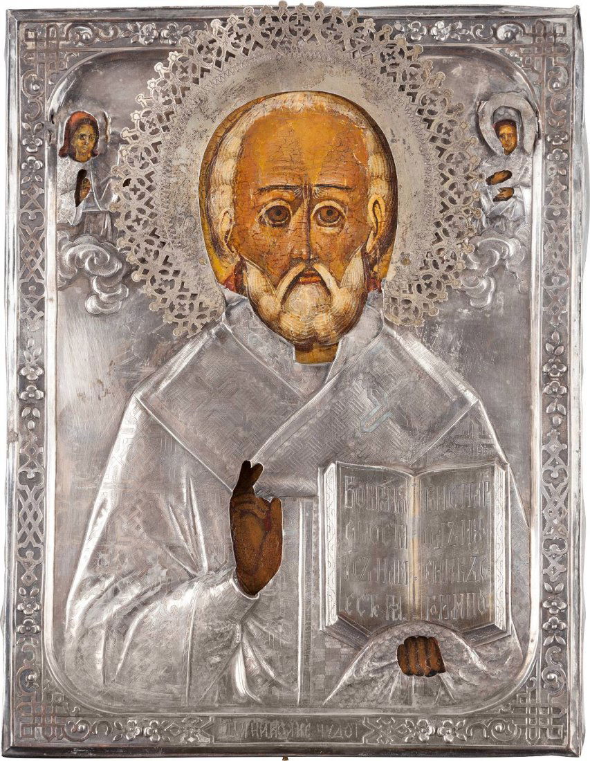 AN ICON SHOWING ST. NICHOLAS OF MYRA WITH SILVER OKLAD (1 of 1)