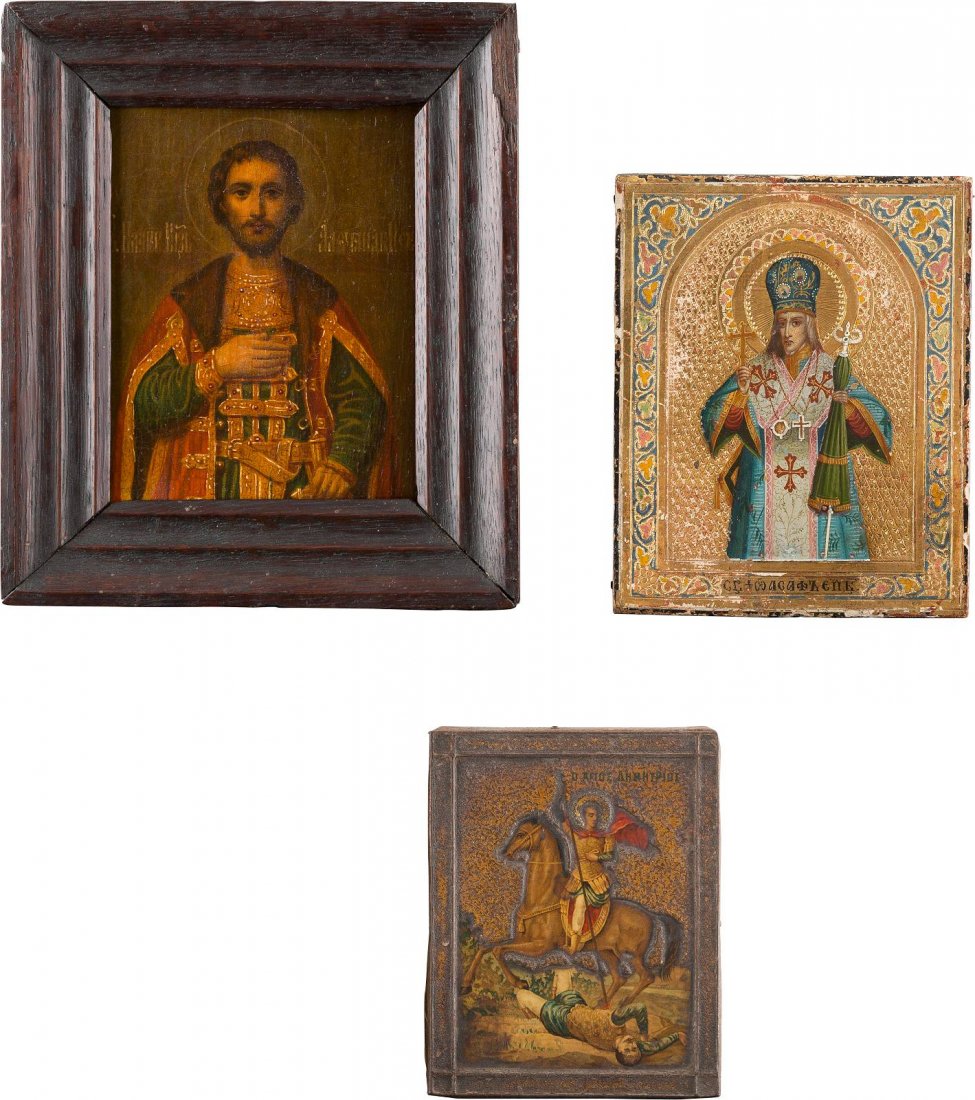 THREE SMALL ICONS Russian, circa 1900 Oil on wood (1 of 1)