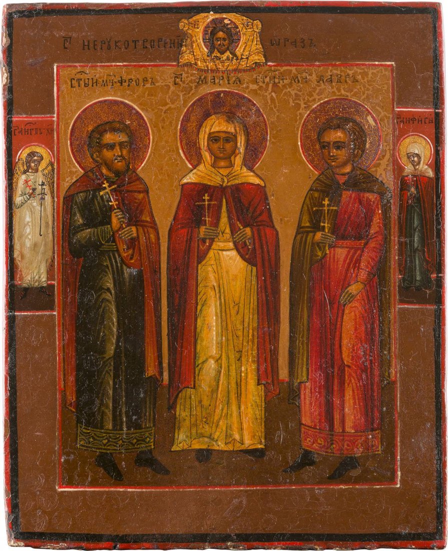 AN ICON SHOWING THREE FAMILY SAINTS Russian, 19th (1 of 1)