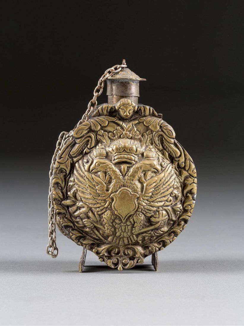 A BRASS GUNPOWDER FLASK WITH COVER Russian, 19th (1 of 2)