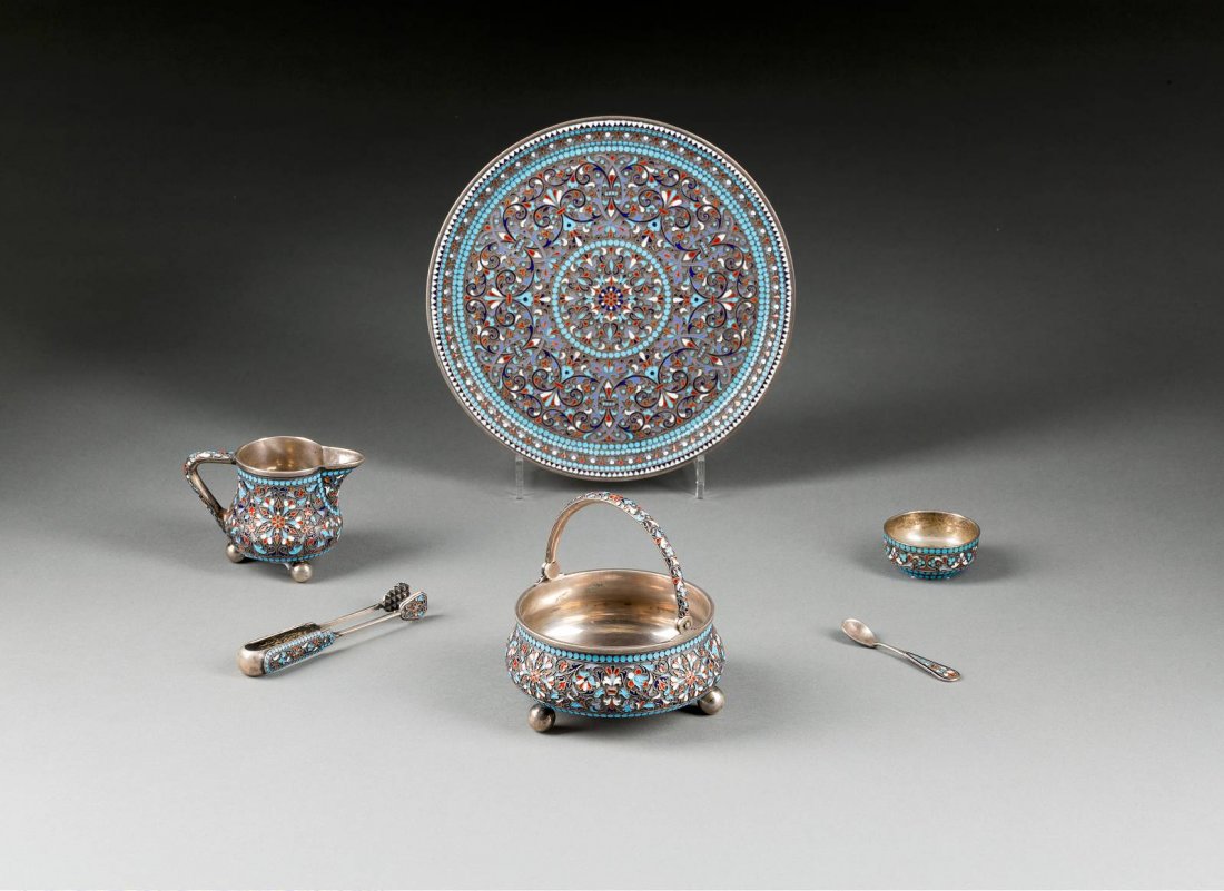 A SET OF FIVE SILVER AND CLOISONNƒ ENAMEL OBJECTS ON A (1 of 1)