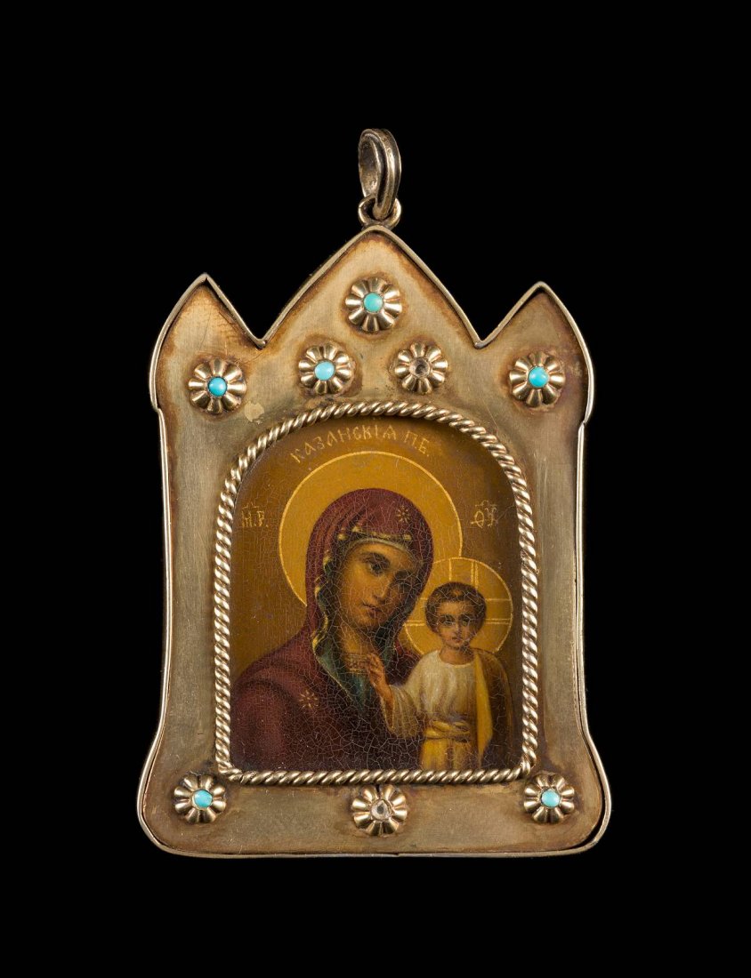 A SMALL SILVER-GILT PENDANT ICON SHOWING THE KAZANSKAYA (1 of 1)
