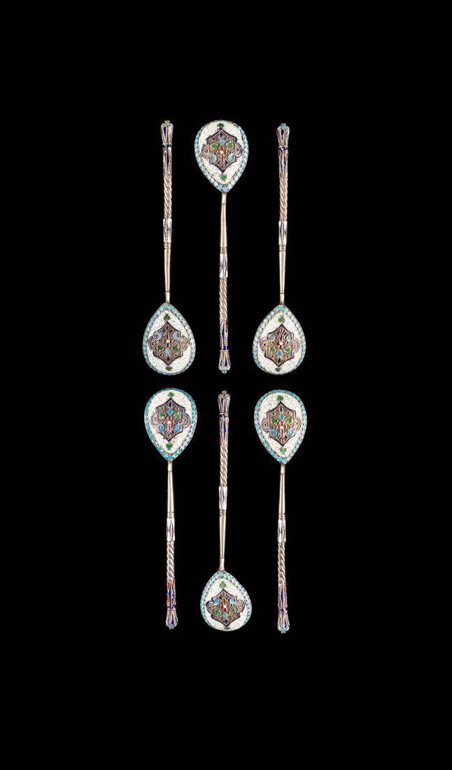 A SET OF SIX SILVER-GILT AND CLOISONNƒ ENAMEL SPOONS (1 of 2)