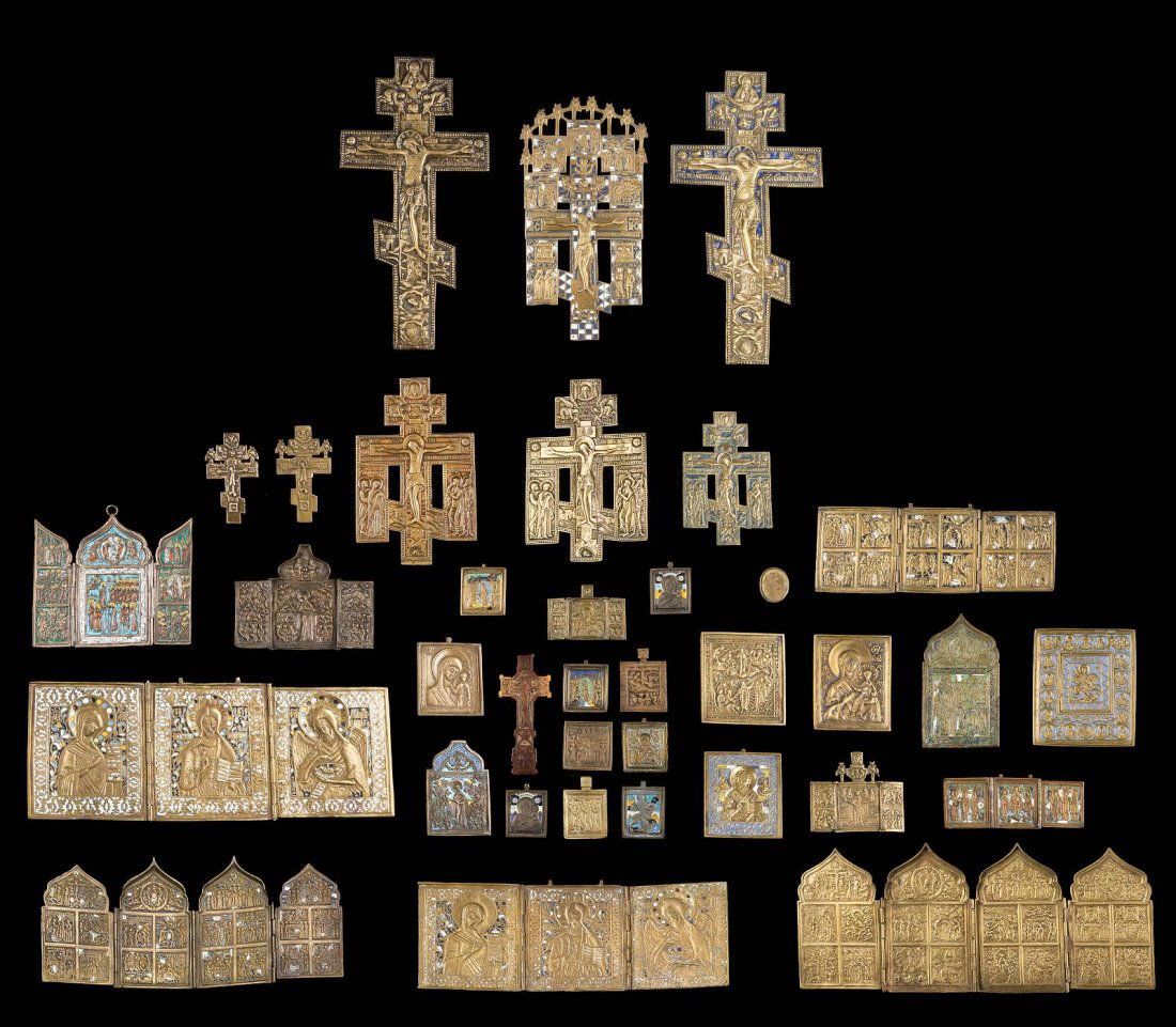 A COLLECTION OF 36 BRASS AND ENAMEL ICONS Russian, (1 of 1)