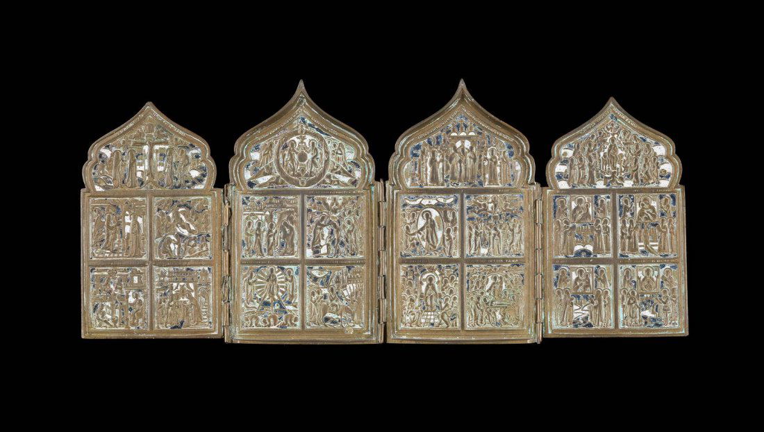A BRASS AND ENAMEL TETRAPTYCH Russian, 18th century A (1 of 1)
