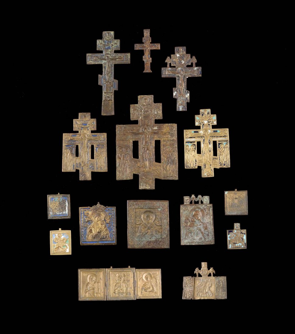 SIX BRASS AND ENAMEL CRUCIFIXES, TWO TRIPTYCHS AND (1 of 1)