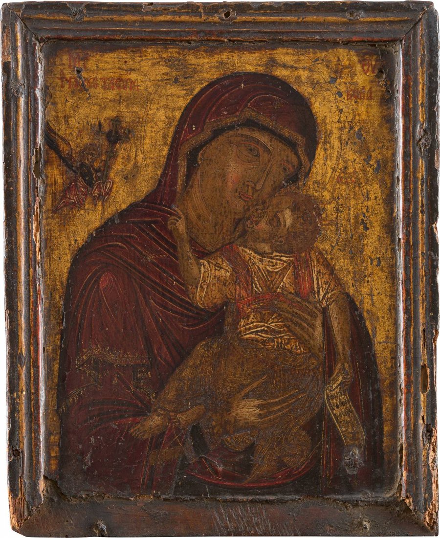A FINE ICON SHOWING THE GLYKOPHILOUSA MOTHER OF GOD: A FINE ICON SHOWING THE GLYKOPHILOUSA MOTHER OF GOD Veneto-Cretan, 16th century Tempera on wood panel. Finely executed on a gold ground. The Mother of God depicted half-length, with elongated, noble f