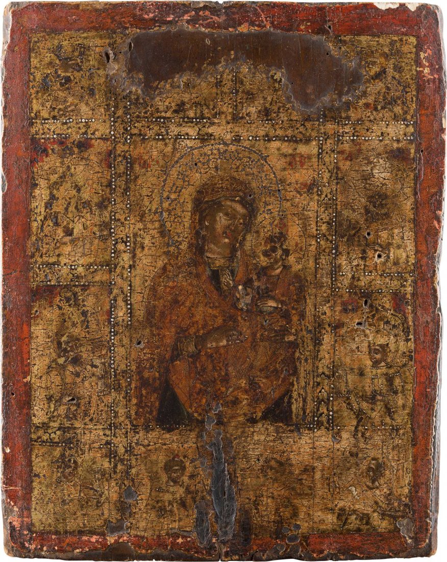 AN ICON SHOWING THE HODIGITRIA MOTHER OF GOD SURROUNDED: AN ICON SHOWING THE HODIGITRIA MOTHER OF GOD SURROUNDED BY PROPHETS Greek, 18th century Tempera on wood panel. Executed on a gold ground. The panel depicting the Mother of God surrounded by figures of