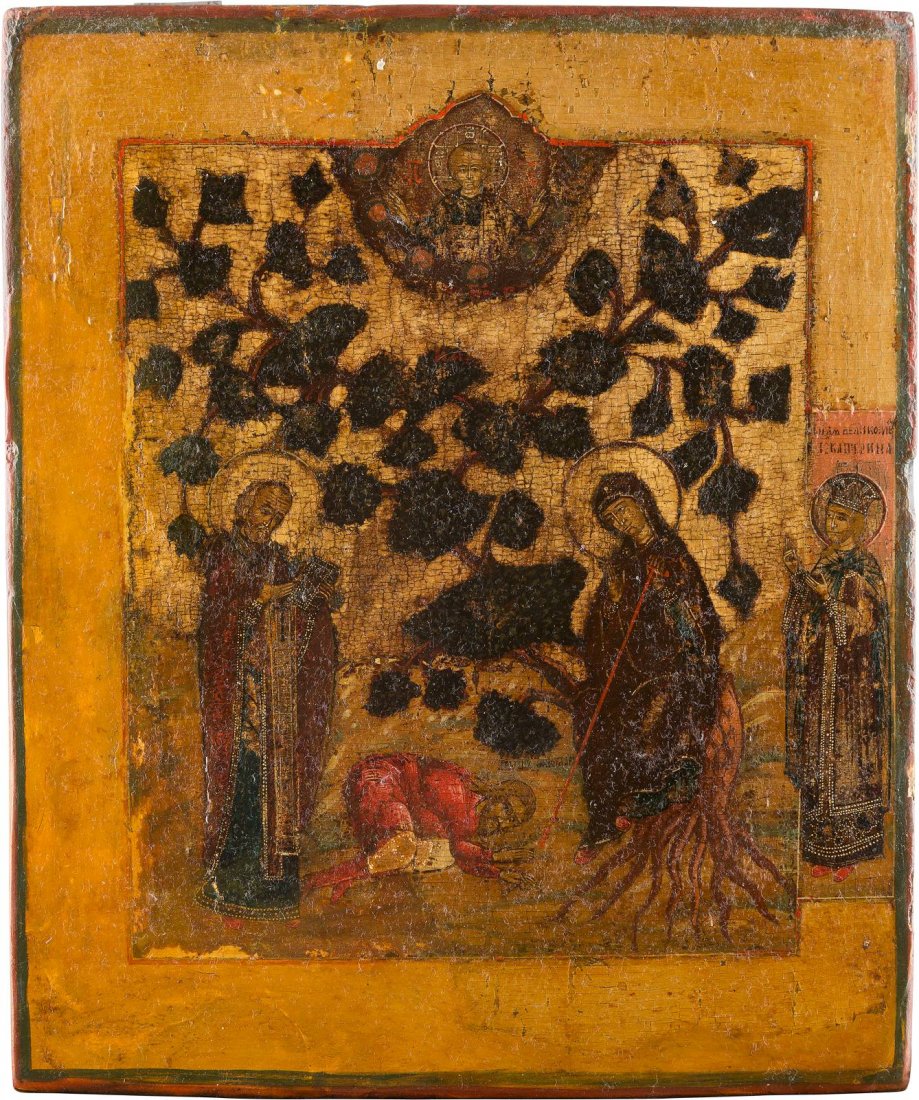 A RARE ICON SHOWING THE MOTHER OF GOD 'THE CONVERSER': A RARE ICON SHOWING THE MOTHER OF GOD 'THE CONVERSER' (BESYEDNAYA) Russian, 17th century Tempera on wood panel. The icon depicting the appearance of the Mother of God and St. Nicholas of Myra to the s