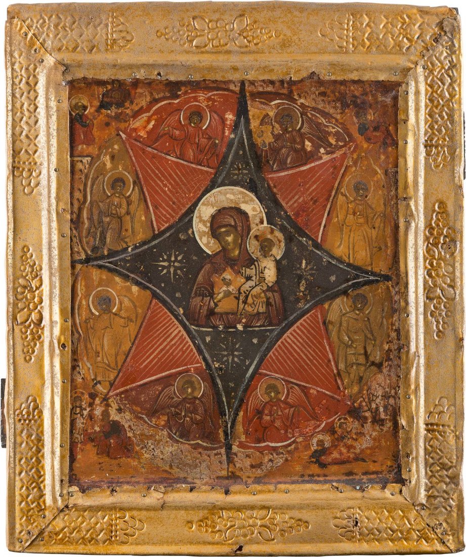 AN ICON SHOWING THE MOTHER OF GOD 'OF THE BURNING BUSH': AN ICON SHOWING THE MOTHER OF GOD 'OF THE BURNING BUSH' WITH BASMA Russian, 19th century Tempera on wood panel with kovcheg. The background made of silver, covered by a golden lacquer. Overlaid with a