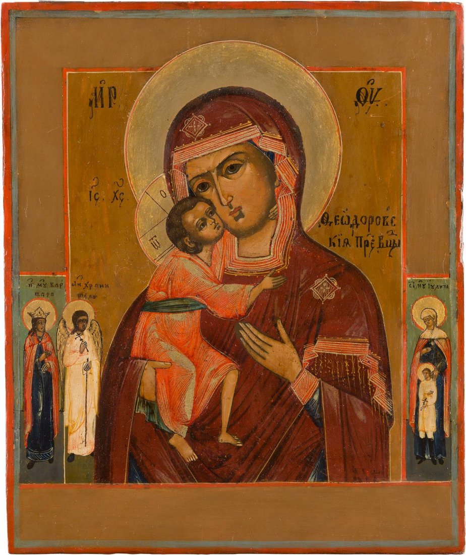 AN ICON SHOWING THE FEODOROVSKAYA MOTHER OF GOD: AN ICON SHOWING THE FEODOROVSKAYA MOTHER OF GOD Russian, 19th century Tempera on wood panel. Three selected saints on the borders including the Guardian Angel. Restorations. 30.7 x 25.6 cm. IKONE MIT 