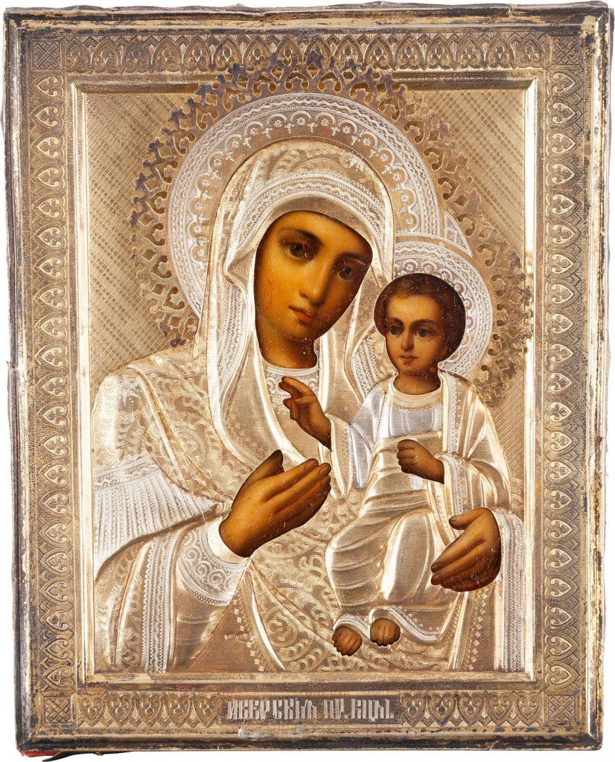 AN ICON OF THE IVERSKAYA MOTHER OF GOD WITH SILVER-GILT (1 of 2)