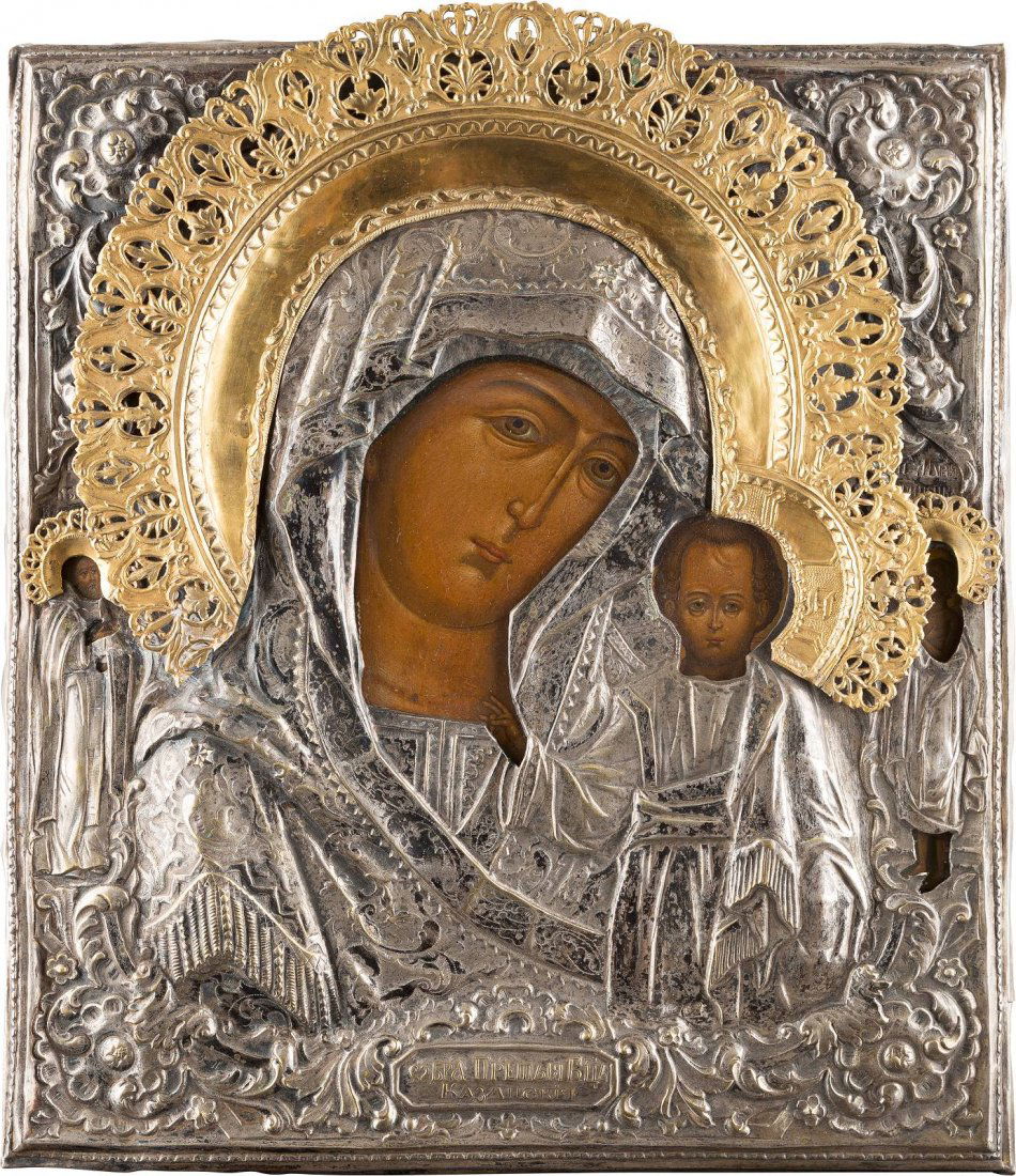 AN ICON SHOWING THE KAZANSKAYA MOTHER OF GOD WITH OKLAD (1 of 2)