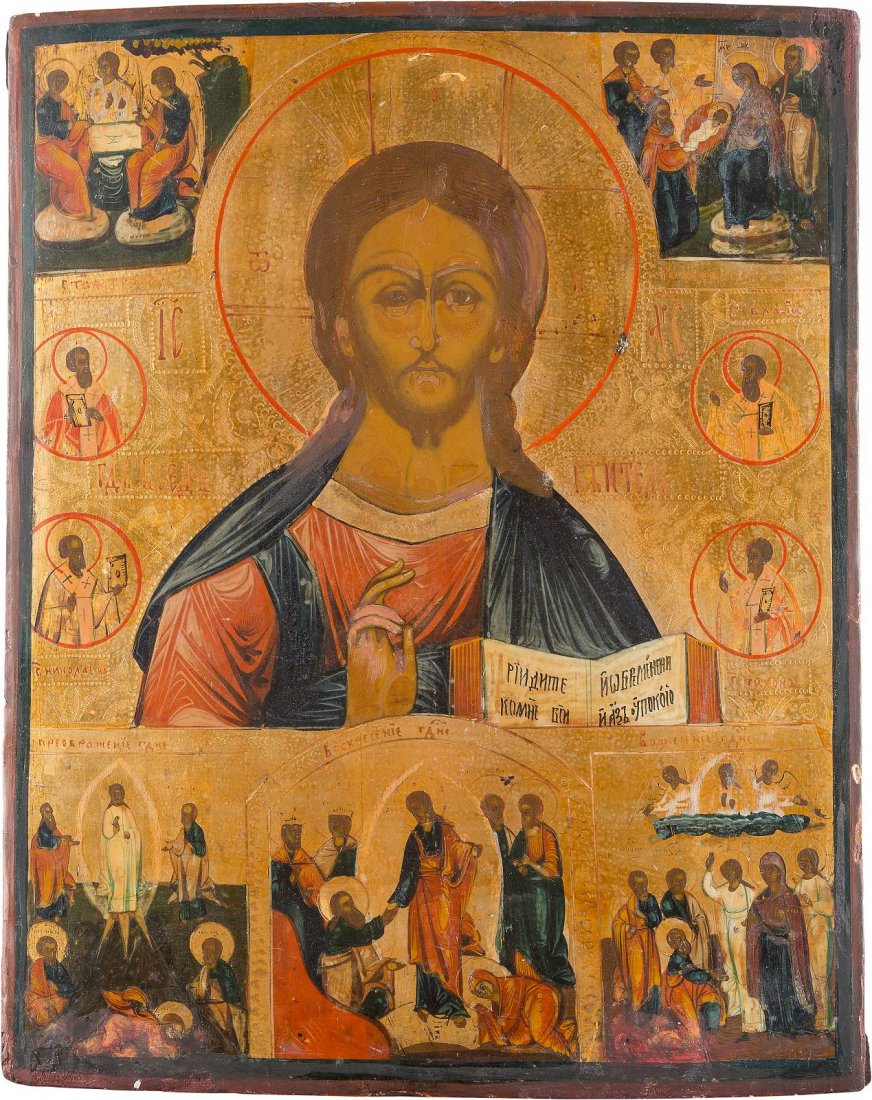 A LARGE ICON SHOWING CHRIST PANTOKRATOR, FEASTS AND: A LARGE ICON SHOWING CHRIST PANTOKRATOR, FEASTS AND SAINTS Russian, 19th century Tempera on wood panel. The background made of silver, covered by a golden lacquer. Minimally restored. 43.3 x 34.4 cm. 