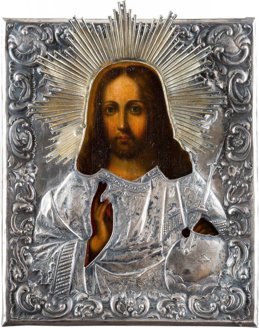 AN ICON SHOWING CHRIST PANTOKRATOR WITH SILVER OKLAD (1 of 1)