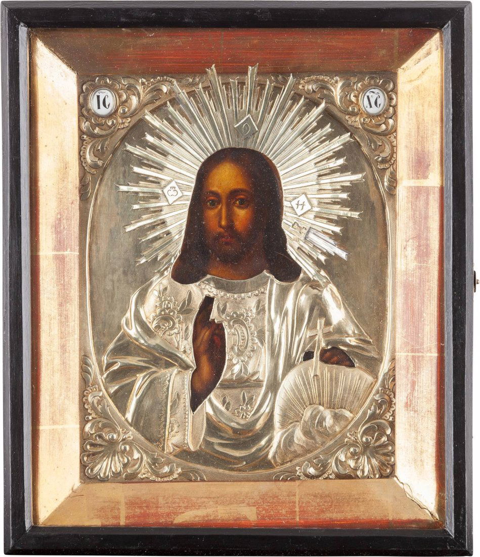 AN ICON OF CHRIST PANTOKRATOR WITH SILVER-GILT OKLAD (1 of 2)