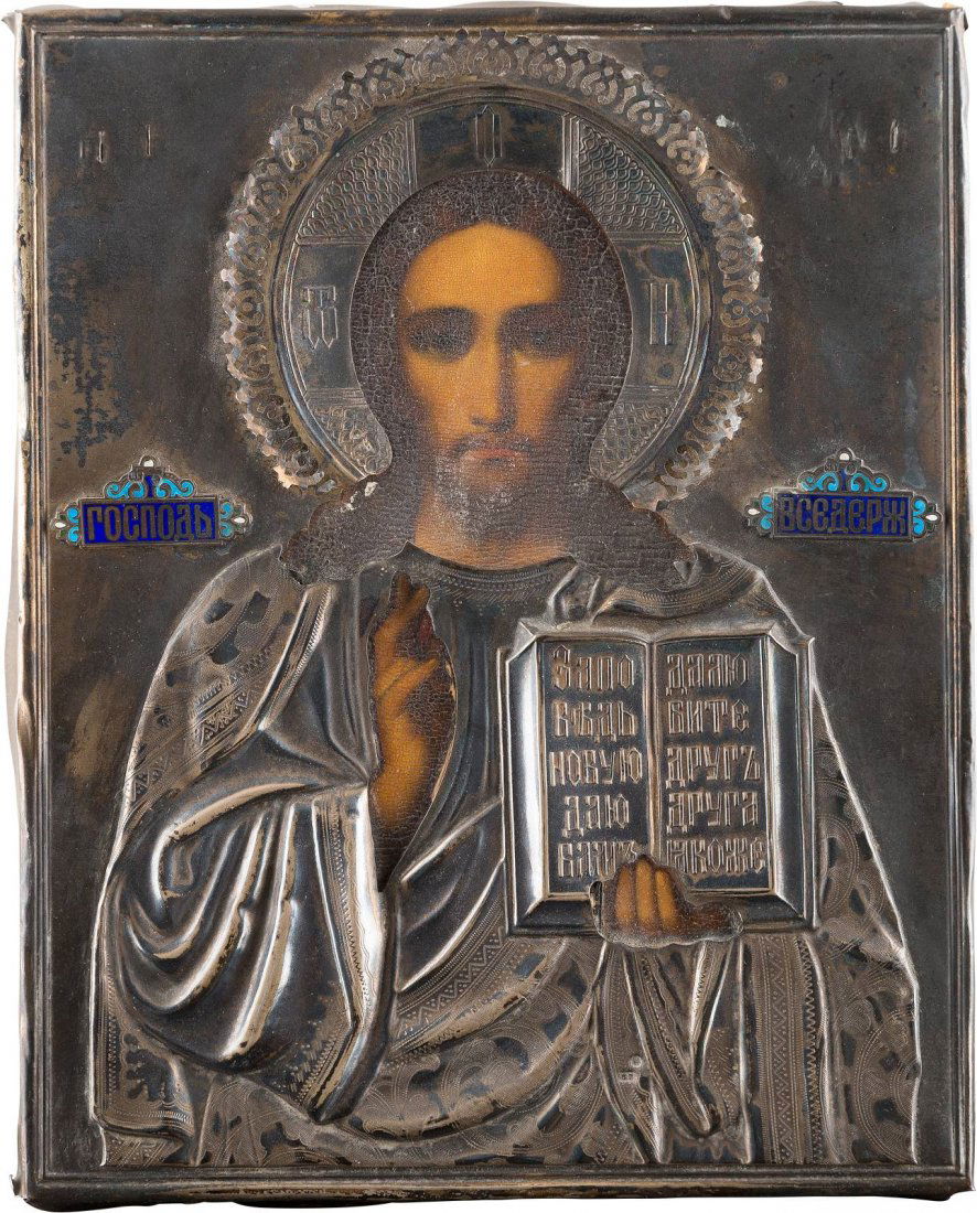 AN ICON SHOWING CHRIST PANTOKRATOR WITH SILVER OKLAD (1 of 1)