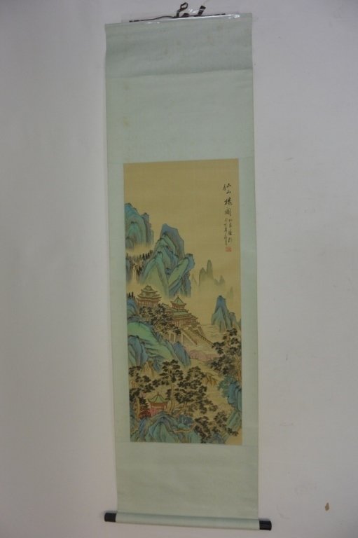 Chinese painting of pavilion on spirit mountain: Hanging Scroll. Chinese watercolor painting on paper. Signed with one red seal at the top right. Size:71"HT. 20"W.