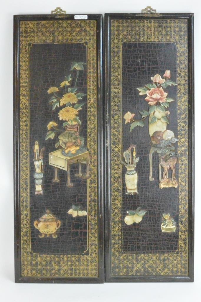 Pair, Soap Stone Panels: Nice pair of mid 20th century Soapstone panels. Excellent condition. Size: 36"HT. 12"W.