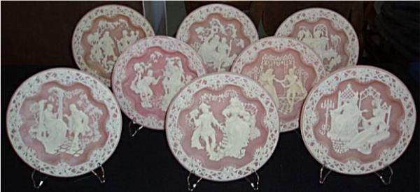 Shakespearean Lovers by Roger Akers Collectible P: Shakespearean Lovers by Roger Akers Collectible Plates Collection, Made by Incolay Studios of California, Rose Carnelian Incolay Stone.Hamlet & Opnelia,Benedick and Beatrice, Lysanuer and Nermia, Ferd