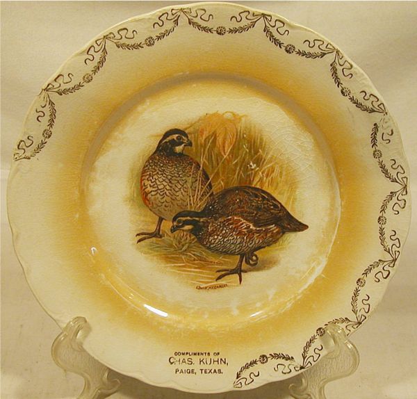 Nine Inch Dia. Quail Plate, Compliments of Chas K: Nine Inch Dia. Quail Plate, Compliments of Chas Kuhn, Paige, Texas, Artist Edwin Megargee, Made by D.E.McNicol, Crazing