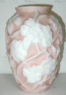 Consolidated Cameo Glass Vase, 10 1/2"H x 7" Dia: Consolidated Cameo Glass Vase, 10 1/2"H x 7" Dia., with Dogwood Pattern, Pinpop Chip on Rim