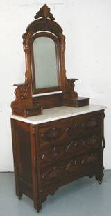 1800's Victorian Marble Top Dresser w/Mirror: 1800's Victorian Marble Top Dresser with Mirror, Loop & Pin, With Candlestands, High Carved Crest and Hanky Boxes.