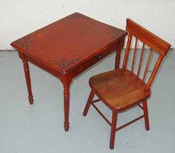 Red Painted Stenciled Child's Table & Chair Set: Red Painted Stenciled Child's One Drawer Table, 18"H x 22"W x 16 1/2"D & Chair Set