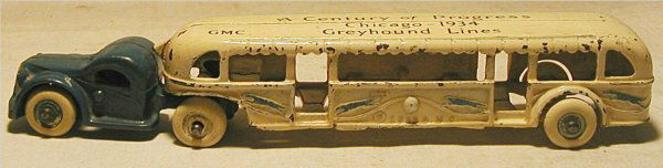 Arcade GMC Century of Progress Chicago 1934 Bus: Arcade GMC Century of Progress Chicago 1934 Greyhound Lines Bus. 10 1/4" long. Loose Wheel, Excellent Condition