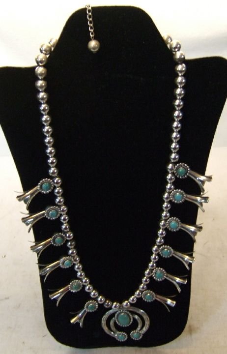 Squash Blossom Silver and Turquoise Necklace, Ex