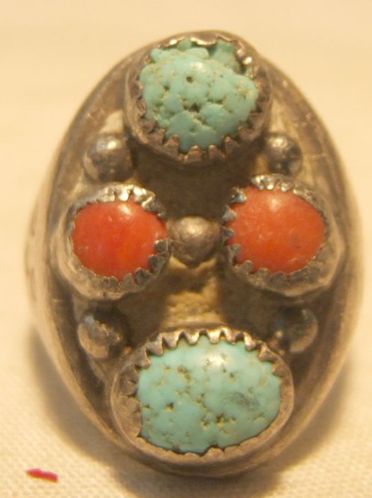 Vintage Indian Ring with Turquoise and Coral Stones