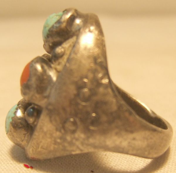 Vintage Indian Ring with Turquoise and Coral Stones - 2