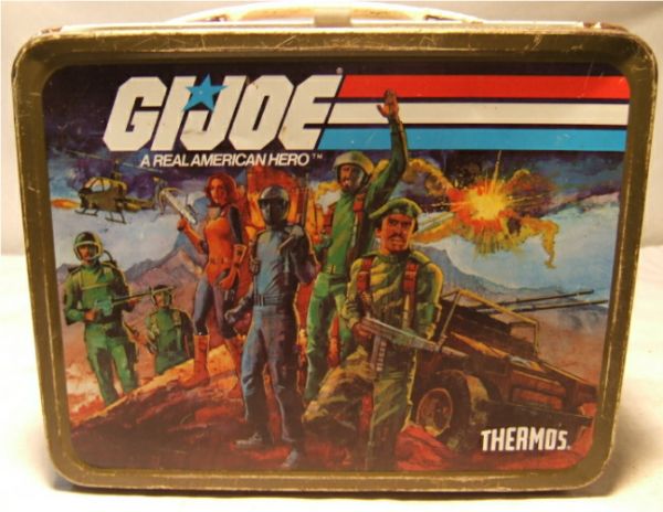 Old Metal School Lunch Box GI Joe A Real American: Old Metal School Lunch Box GI Joe A Real American Hero with Thermos, Dent on one side of box