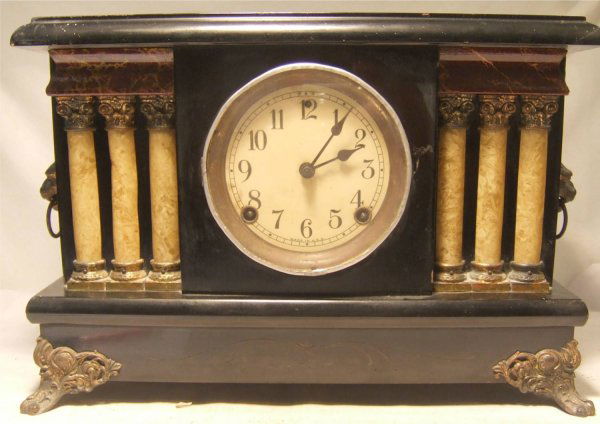 Sessions Mantle Clock, Blackwood Case, Dial Cover: Sessions Mantle Clock, Blackwood Case, Dial Cover Replaced, Three Pillars on Each Side, Gong on Hour, Bell on Half, Works, 16 x 6 1/2 x 11H