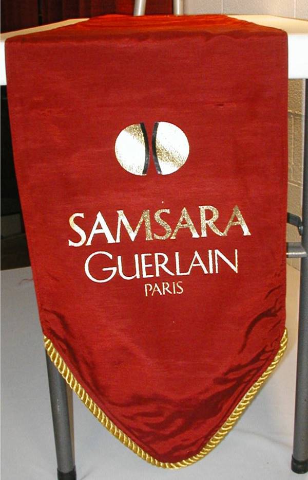 Samsara Guerlain Paris Table Runner: Samsara Guerlain Paris Table Runner, Paris, Burgandy with gold Roping and Lettering, 84"L x 15"W, Excellent condition