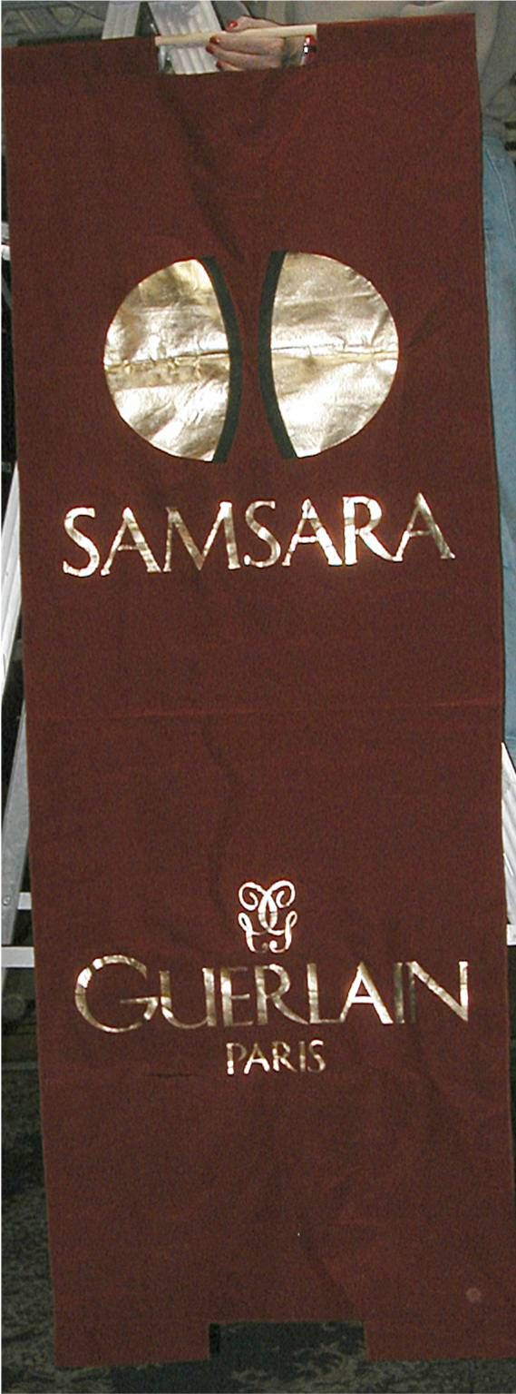 Samsara Guerlain Paris Banner, 24 x 72: Samsara Guerlain Paris Banner, 24 x 72 Paris, Burgandy with gold Lettering, Excellent condition
