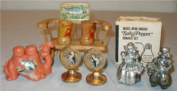 Five Pairs of Vintage Salt & Peppers: Five Pairs of Vintage Salt & Peppers, Wooden Bench from Blue Hole, Ohio, Dutch Boy & Dutch Girl, Plastic Camel, Globes with Hand Painted Indians, Light Bulbs in Original Case