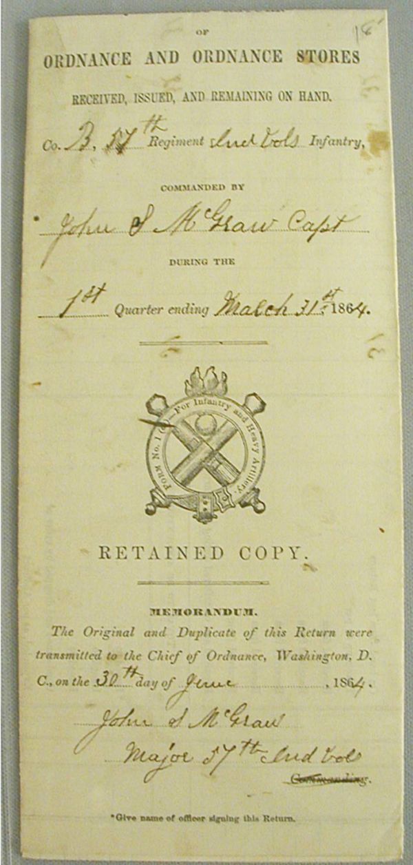 Quarterly Return of Ordinance and Ordinance Store: Quarterly Return of Ordinance and Ordinance Stores, Co. B, 57th Regiment, Indiana Volunteer Infantry. Inventory of weapons, accuterments, musket tools, Cartridges, Etc., March 21, 1864